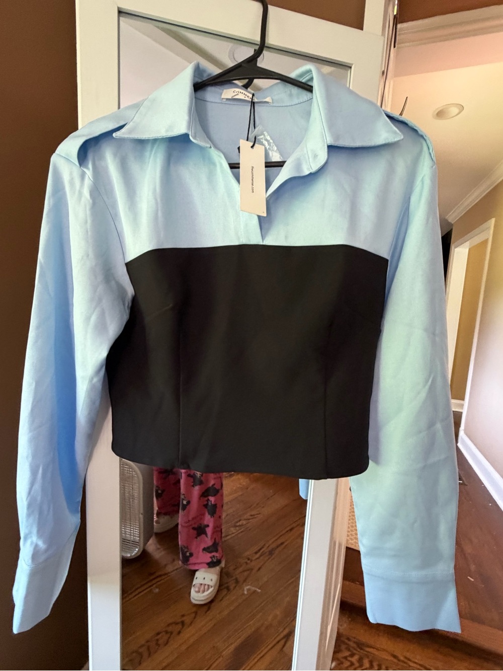 Commense Light Blue and Black Cropped Colorblock top, S